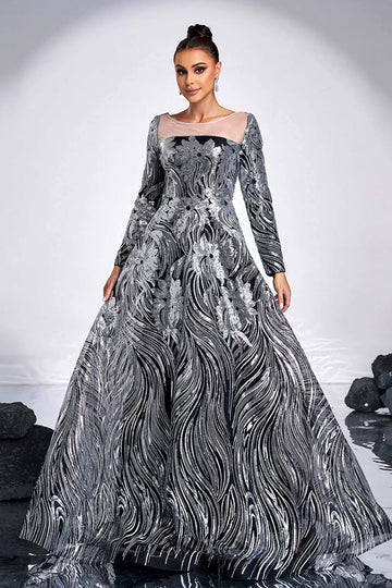 Noir Argent Floral Trapèze Illusion Col Manches Longues Robe Formelle